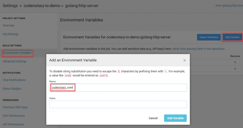 validated builds - Circle CI environment variables
