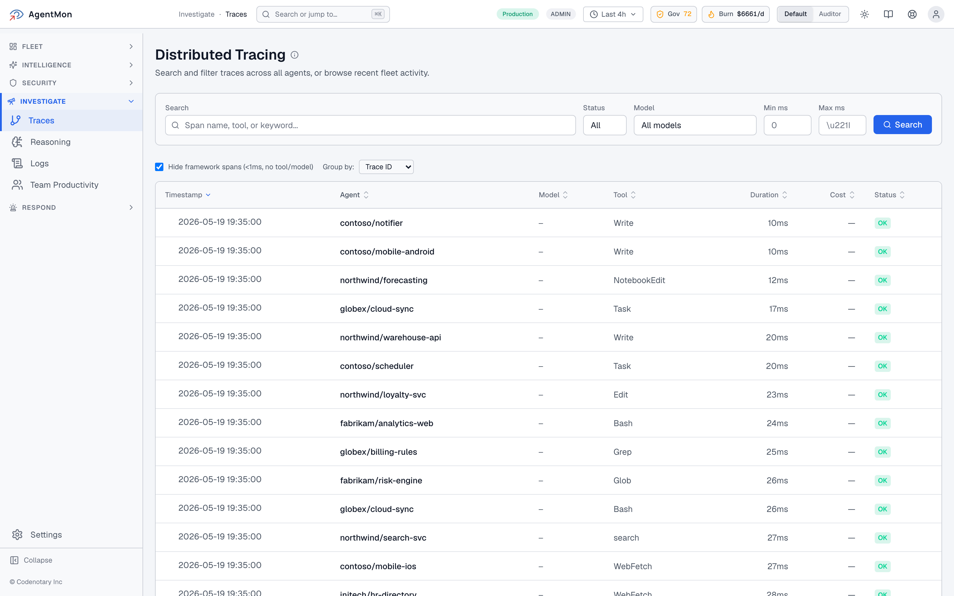 AgentMon Distributed Tracing for AI agent performance monitoring, with filters across the top (Search, Status, Model, Min ms, Max ms) and a table of recent traces: timestamp, agent (northwind/recs-engine, contoso/scheduler, fabrikam/fraud-scoring, etc.), model (claude-3-5-haiku, claude-3-5-sonnet, gemini-2.5-pro), tool (NotebookEdit, Bash, Task, TodoWrite, chat, WebFetch, MultiEdit, Glob, Read), duration (16ms to 6.7s), cost ($0.011 to $0.052), and status (OK).