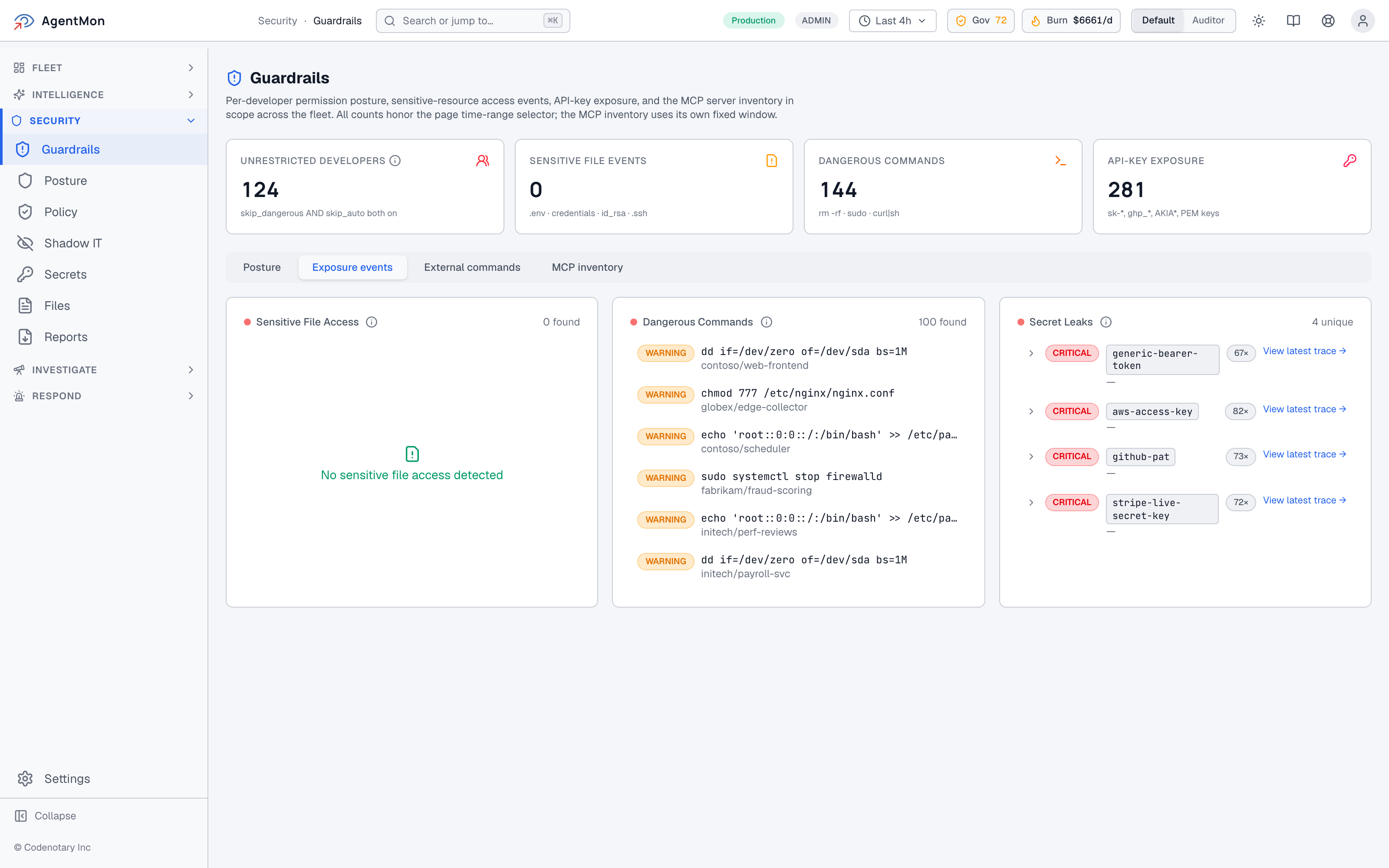 AgentMon Guardrails Exposure events tab for AI agent security, showing three side-by-side panels (Sensitive File Access (0 found), Dangerous Commands (0 found), Secret Leaks) each with a friendly empty-state confirming nothing has been detected.