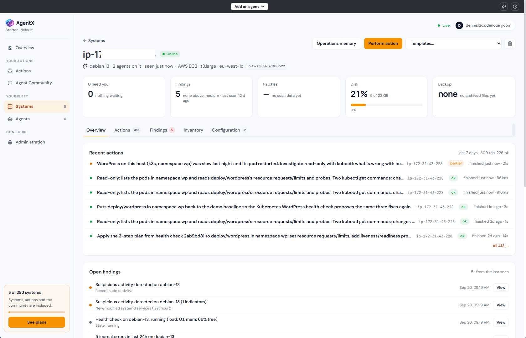 Codenotary AgentX system page showing an online Linux host, findings, actions, disk usage, and backup status