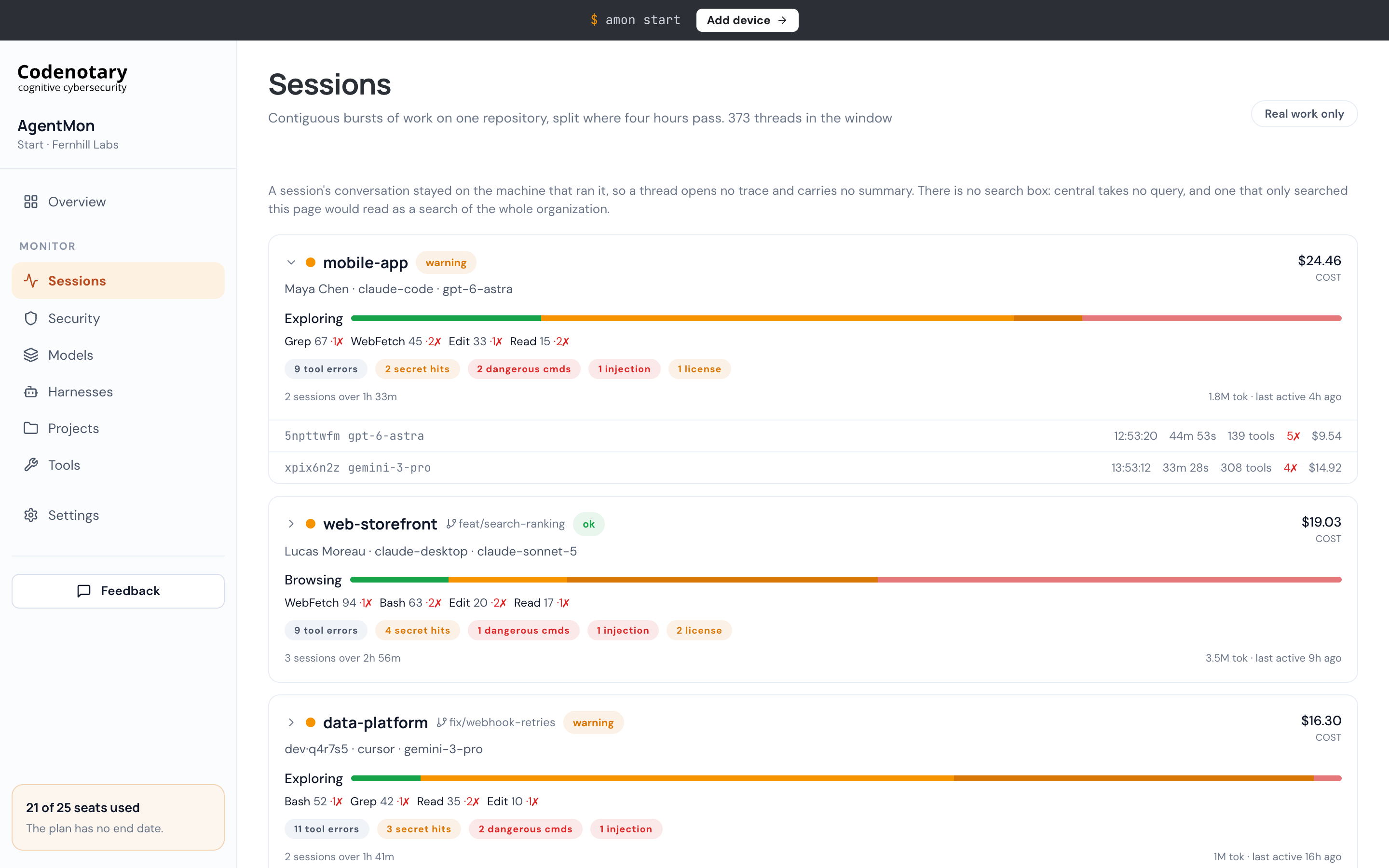 An expanded thread shows session-level timing, tool counts, errors, and costs