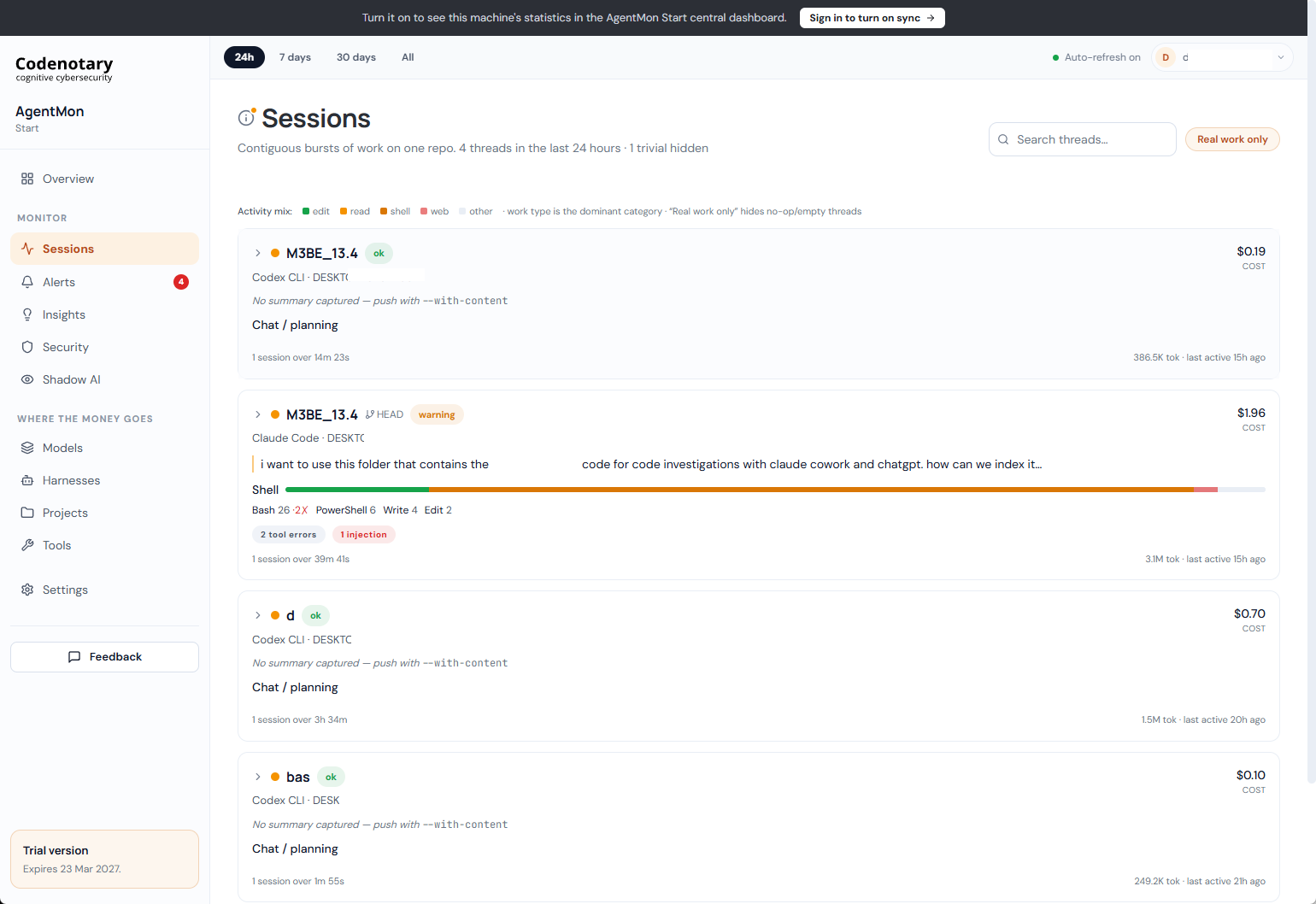 Session threads combine project context, tool activity, costs, and finding indicators